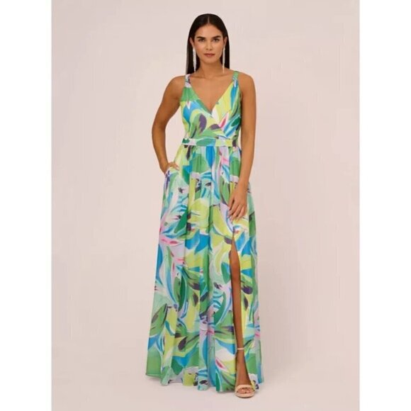 Aidan By Adrianna Papell Printed Chiffon Maxi Dress Multicolor Womens Size 8 - Picture 2 of 11